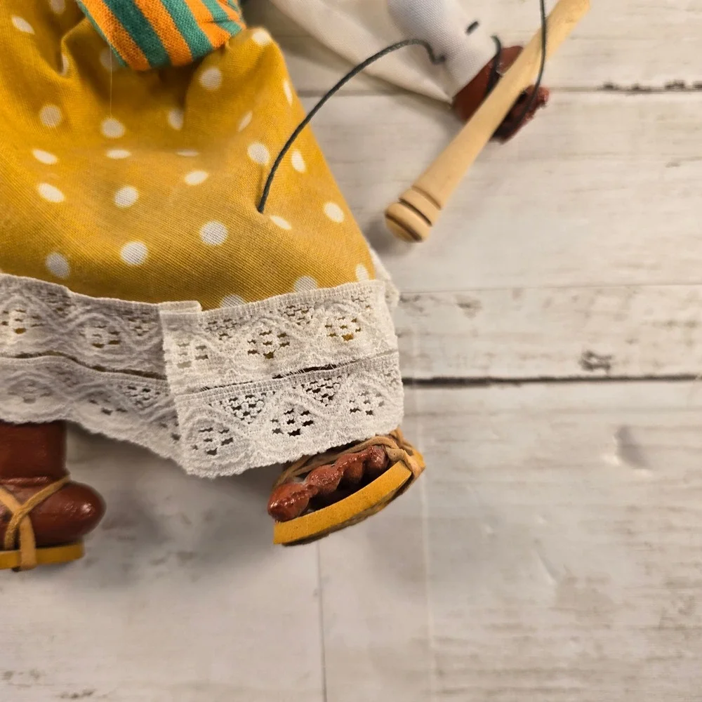 Vintage Mexican Folk Art Marionette Puppet Mother and Baby Straw Hat Polka Dot